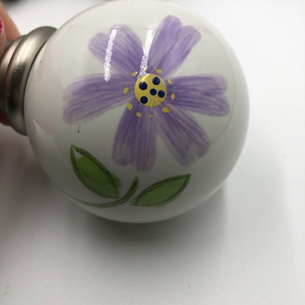Pottery Barn Floral Ceramic Ball Finials | Set of 4 | Purple & Silver Tone Decor - Picture 3 of 8